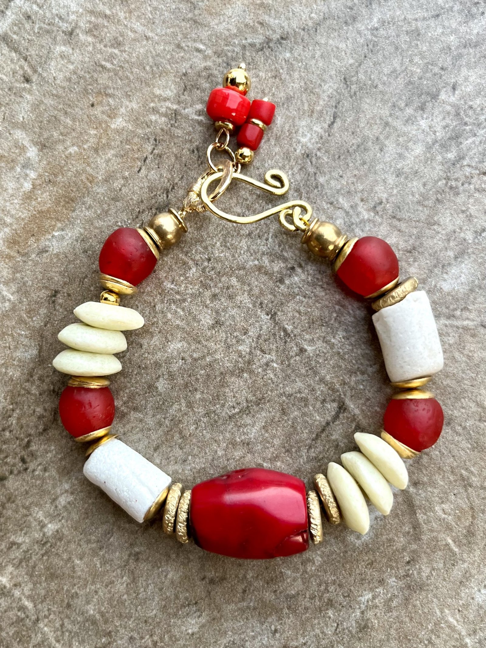 Red Coral Bohemian Bracelet with African Tribal Brass Beads